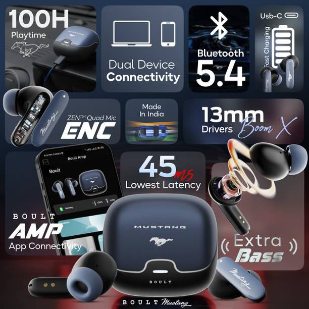 Boult Mustang Derby with 100 Hrs Battery, App Support, Dual Pairing, 4 Mic ENC, 5.4v Bluetooth Headset  (Derby, In the Ear)