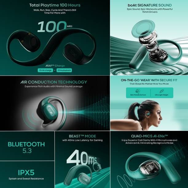 boAt Airdopes Progear w/ Air Conduction Tech,100 HRS Playback,OWS Earbuds for Workout Bluetooth Headset  (Sporting Green, True Wireless)