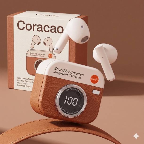 Coracao Vintage Camera Style Wireless Bluetooth Earbuds, Hi-Fi Audio TWS with Smart LED Bluetooth