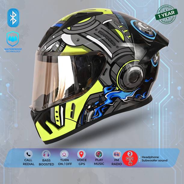 MAXROAD D1 FULL FACE GLOSSY BLACK NEON YELLOW MUSIC, CALL, SPEAKER, SIZE LARGE BLUETOOTH Motorbike Helmet