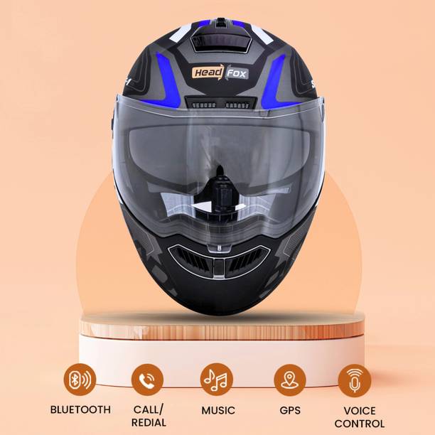 HEADFOX Smart Bluetooth ISI Certified Flip-Up for Men and Women Road Matt Blue & Black Motorbike Helmet