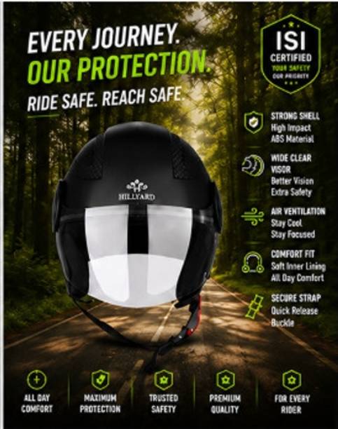 HILLIYARD Open Face Helmet for Men & Women | ISI Certified | Matte Finish Motorbike Helmet