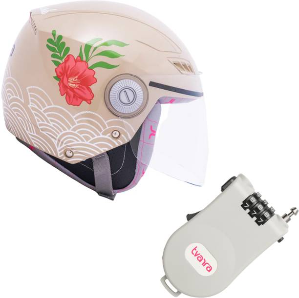 TVARRA Lilt Beige Women’s ISI Certified Open Face Helmet + Grey Lock Combo (Small) Motorbike Helmet