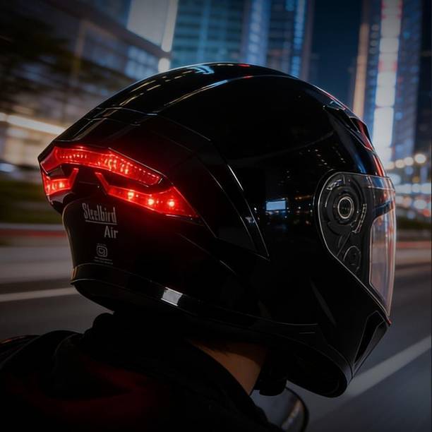 Steelbird Air SBA-11 ISS LT Glossy Black With Red Reflector Led Light Motorsports Helmet