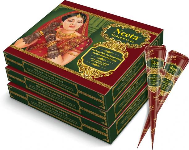 Neeta Mehendi Cone 100% Natural Henna Based No Chemical Dye 12 Pc in Each (3 Box) Natural Mehendi
