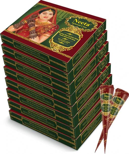 Neeta Mehendi Cone 100% Natural Henna Based No Chemical Dye 12 Pc in Each (8 Box) Natural Mehendi