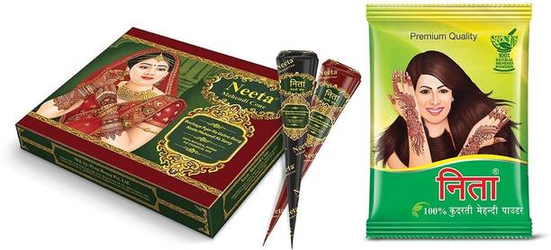 Neeta Mehendi Cone Reddish Brown Colour (Pack of 12PCs) Comes with 100% Natural Mehendi Powder (Color, Brown)