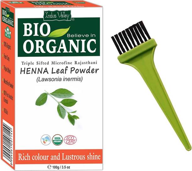 Indus Valley BIO Organic Red HENNA (Lawsonia Inermis) with Color Recipe Book + Applicator Brush Pack
