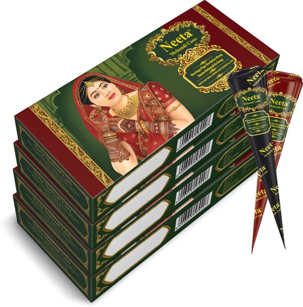 Neeta Mehendi Cone 100% Natural Henna Based No Chemical Dye 4 Pc in Each (4 Box) Natural Mehendi