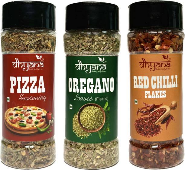DHYANA HERBS & DEHYDRATES Combo pack of Pizza mix 45gm | Oregano flakes 35gm | Chilli Flakes 40gm