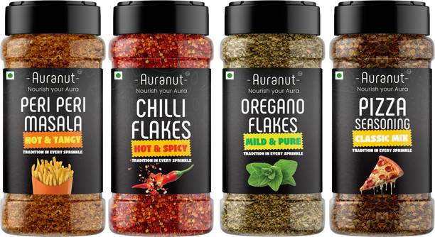 AURANUT Italian Pizza Seasoning Combo – Oregano, Chilli Flakes, Peri Peri & Pizza Masala