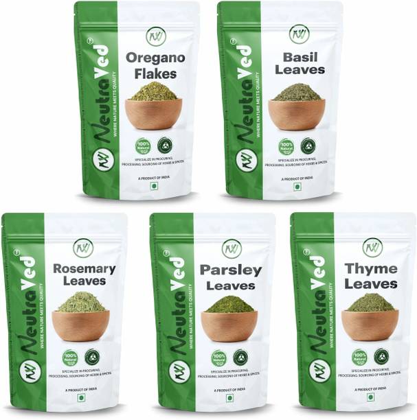 NeutraVed Combo 5 Pack of Thyme Leaves 40gm, Basil leaves 35gm, Parsley leaves 30gm, Oregano 30gm & Rosemary Leaves 50 gm Make own Mix Herbs, Soup Pasta Pizza seasonings