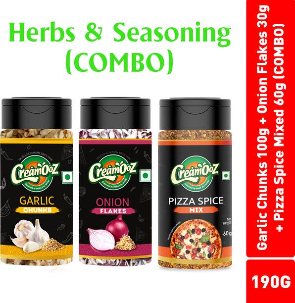 creamooz Flavor Booster Combo: Garlic Chunks 30g, Onion Flakes 30g & Pizza Spice Mix 60g