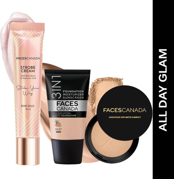 फेसेस कनाडा Strobe Cream (18ml) + Compact Powder (9gm) +Hydra Matte Foundation (18ml) |Glowy कॉम्पैक्ट