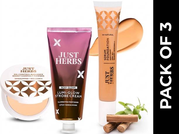 Just Herbs Matte Glow Combo Pack of 3 | Foundation, Strobe Cream, Compact Powder Highlighter