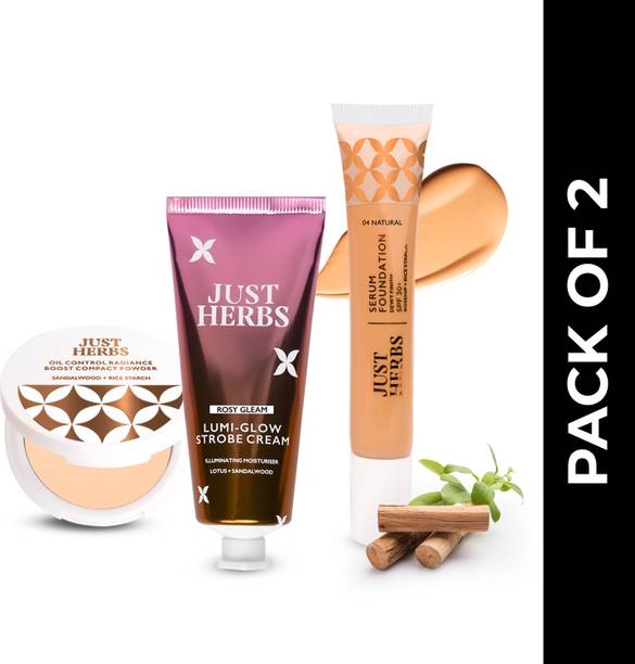 Just Herbs Matte Glow Combo Pack of 3 | Foundation, Strobe Cream, Compact Powder Highlighter