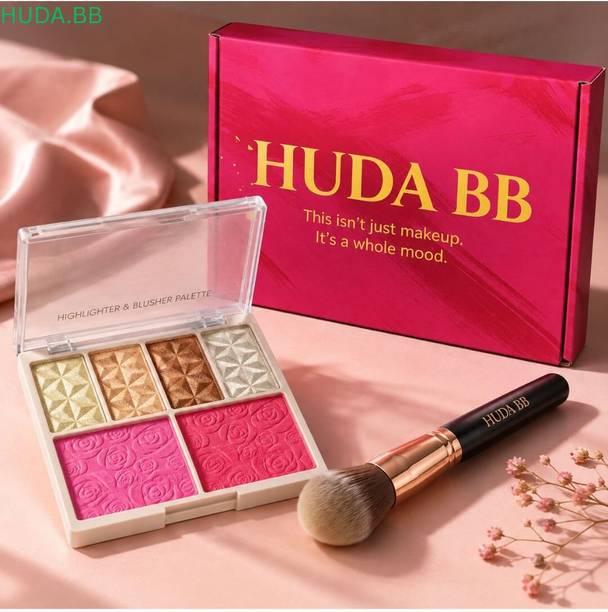 huda.bb Highlighter Palette with 4 Highlighters & 2 Blush Shades AND MAKUP BRUSH 04 Highlighter