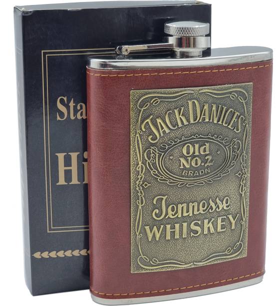 VIOVI Genuine Leather Wrapped Jack Daniels Whiskey Hip Flask (8oz) For Alcoholic Drink Stainless Steel Hip Flask