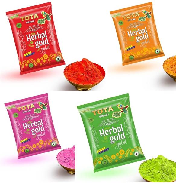 TOTA Natural Herbal Gold Gulal yellow, pink,green, blue multicolor pack of 4 shade Holi Color Powder Pack of 4