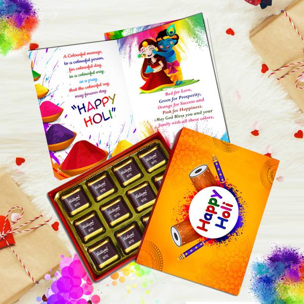 Midiron Holi Combo Gift |Holi Chocolate Gift | Holi Gift Hamper with Holi Greeting Card Paper Gift Box