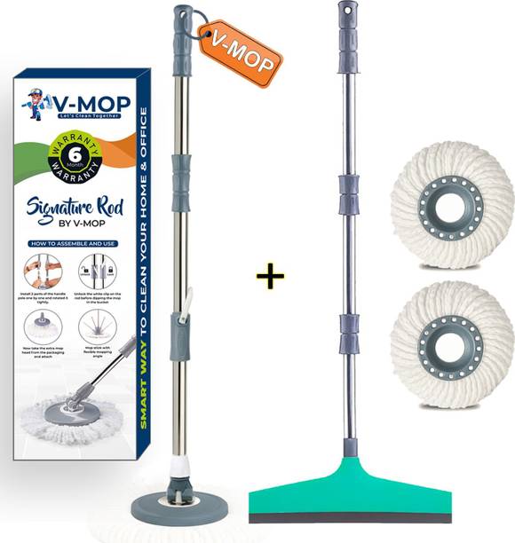 V-MOP Premium Grey Heavy Stainless Steel Bucket Mop Rod Set with Wiper ( 2 Refiil ) String Mop