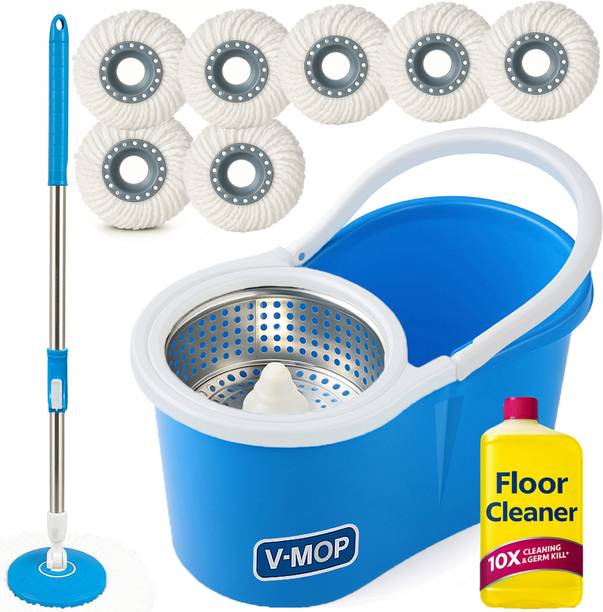 V-MOP Premium Classic Steel Bucket 360° Self Spin Cleaning Floor Mop-14 Wet & Dry Mop