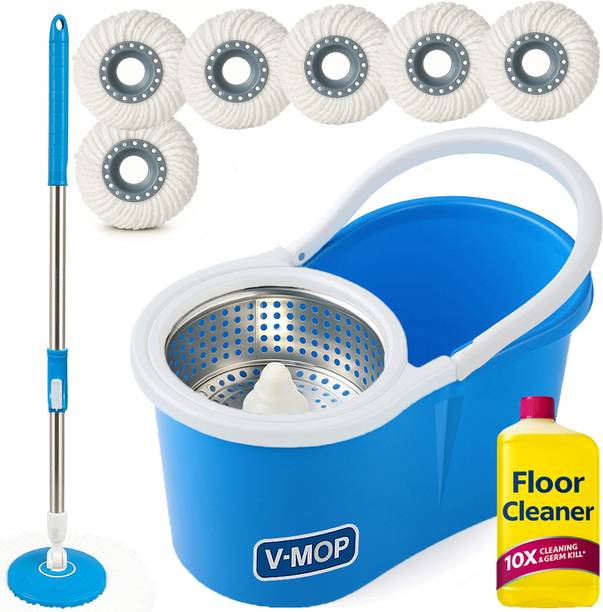 V-MOP Premium Classic Steel Bucket 360° Self Spin Cleaning Floor Mop-00 Wet & Dry Mop