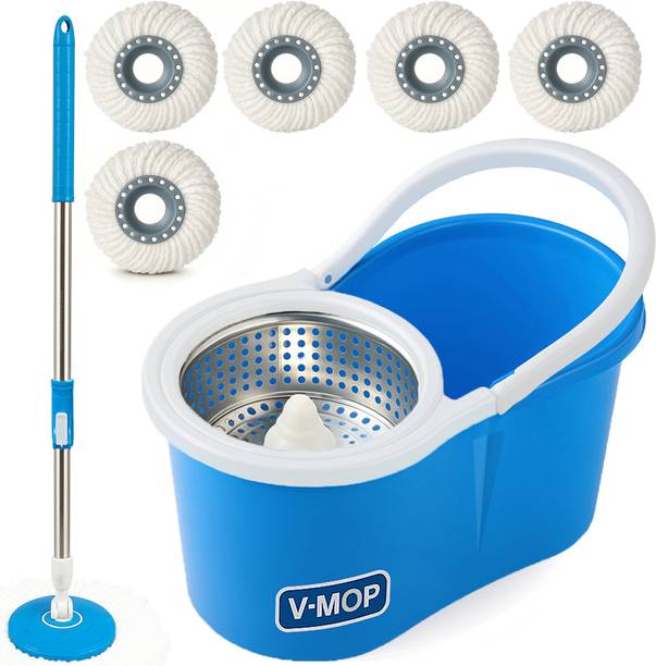 V-MOP Premium Classic Steel Bucket 360° Self Spin Cleaning Floor Mop-5 Wet & Dry Mop