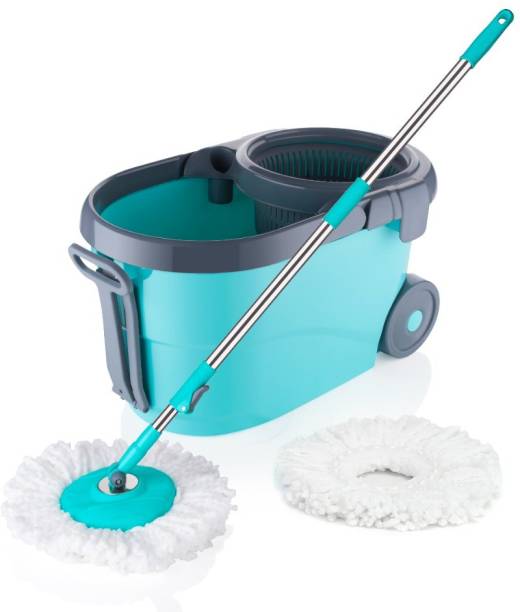 PINEVINTA Bucket Spin Mop Floor Cleaning and Mopping System2 Microfiber Refills,Aqua Green Mop, Mop Set, Bucket
