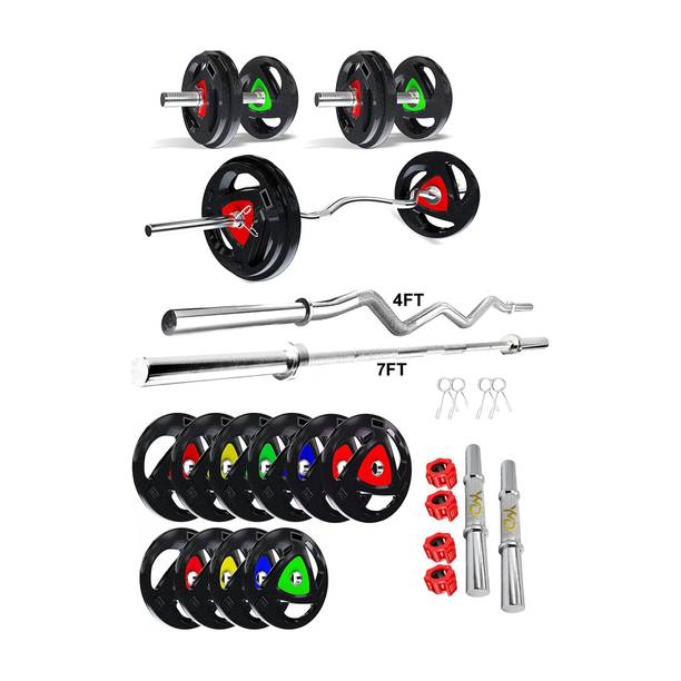 YMD 50 kg Metal Integrated Rubber Plates (2.5x2 5x2 7.5x2 10X2) 4FT Curl 7FT STRT 28MM Rod Home Gym Combo