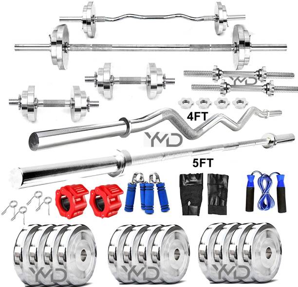 YMD 30 kg Steel Plates 2.5KGX4 5KGX4 Pc 4FT Curl & 5FT STRT 28mm Rod WIth Clamp Home Gym Combo