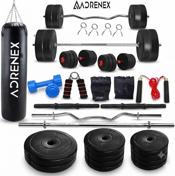 Adrenex 50 kg with 3FT Curl and 5FT Straight Rod Unfilled Punching Bag & PVC Dumbbells Home Gym Combo