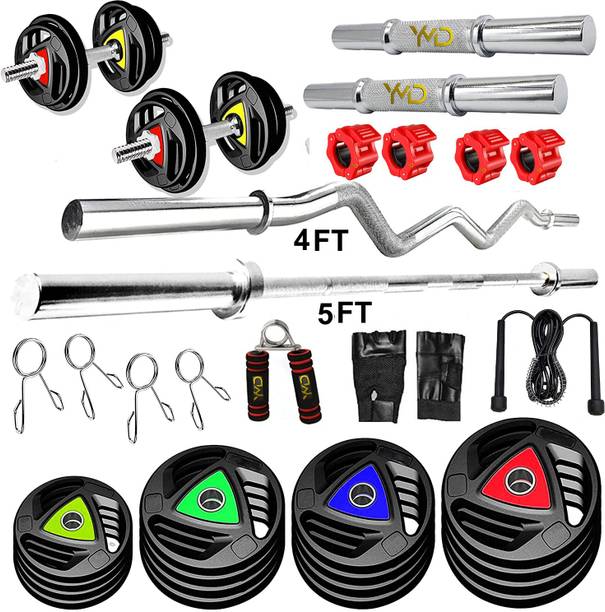 YMD 30 kg Premium Rubber Plates (2.5KGx4Pc, 5KGX4Pc) 4FT Curl 5FT STRT 28MM Rod, Clamps Home Gym Combo