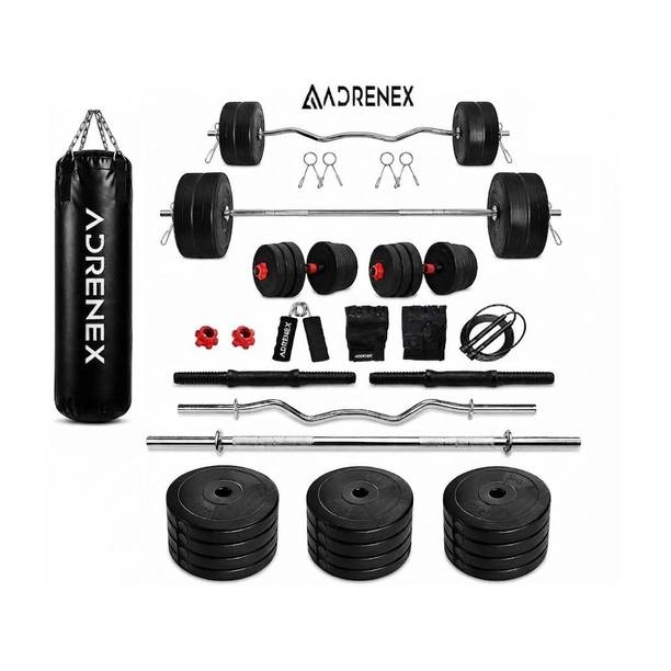 Adrenex 50 kg PVC GYM KIT WITH 3FT CURL, 3FT STRAIGHT ROD Unfilled Punching Bag AND ACC Home Gym Combo