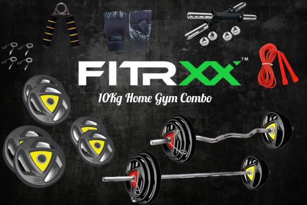 FITRXX 10 kg Metal Integrated Rubber Plates Set with Dumbbell rods, Curl rod, Straight rod Home Gym Combo