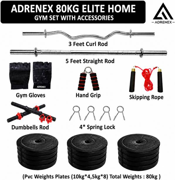 Adrenex 80 kg PVC Plates with 3Ft Curl Rod and 5Ft Straight Rod with Accessories Home Gym Combo