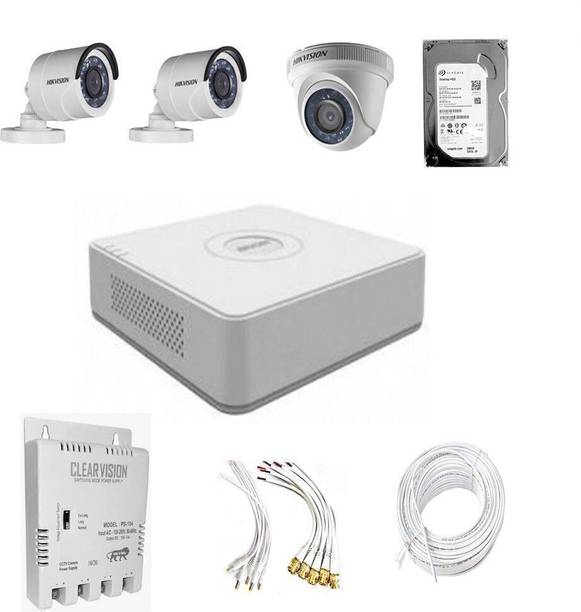HIKVISION Hikvision 2 MP camera setup with 3 Camera, DVR, Power Supply, Hard Disk and Connectors Security Camera