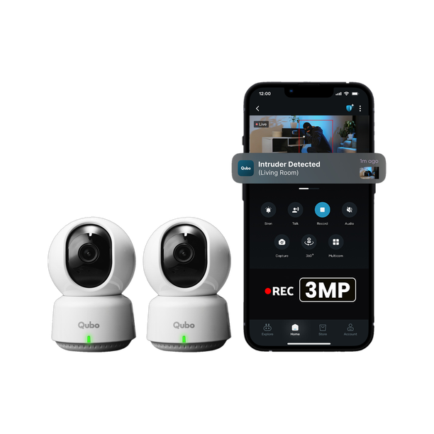Qubo Smart 360 2K Wi-Fi Camera | 3MP [Pack of 2]|AI Alerts|Alarm| Cloud+SD Storage Security Camera