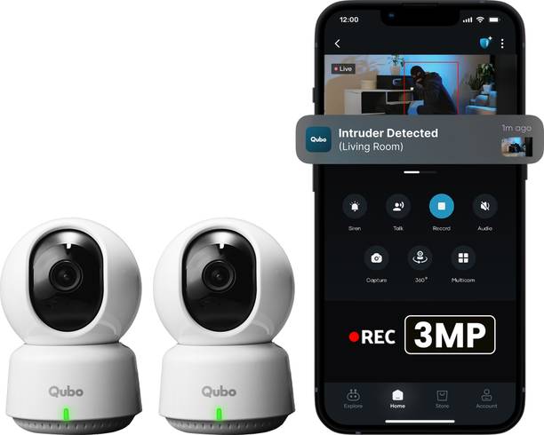 Qubo Smart 360� 2K Wi-Fi Camera | 3MP [Pack of 2]|AI Alerts|Alarm| Cloud+SD Storage Security Camera