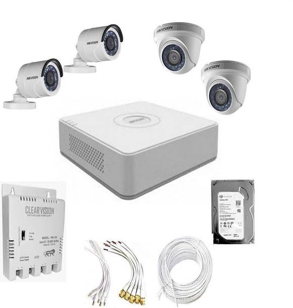 HIKVISION Hikvision 2 MP camera setup with 4 Camera, DVR, Power Supply, Hard Disk and Connectors Security Camera
