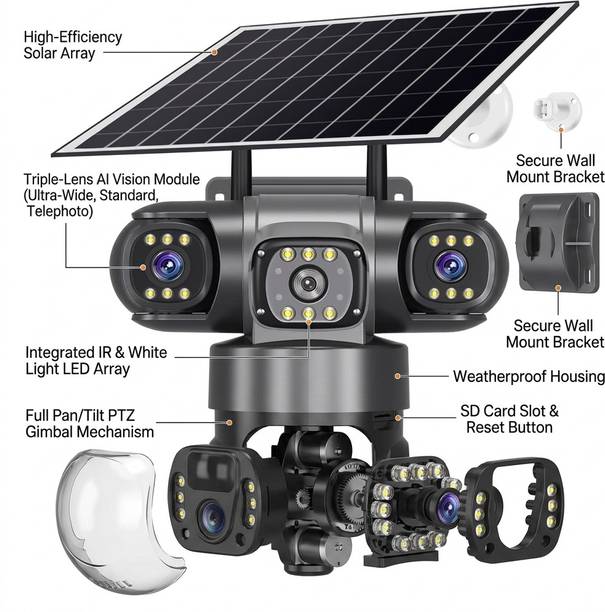 Divine creation 4G Solar Triple Lens 5MP Outdoor CCTV Camera | 3-Screen View C238 Security Camera