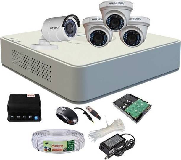 HIKVISION HIKVISION 1MP 4CH DVR DS-7A04HGHI-F1/N OR DS-7A04HGHI-F1/ECO 1PCS AMD DOME CAMERA 1MP DS-2CE5ACOT-IRP OR DS-2CE5ACOT-IRP/ECO 03PCS CAMERA AND BULLET CAMERA 1MP DS-2CE1ACOT-IRP OR DS-2CE1ACOT-IRP/ECO 01PCS CAMERA WITH 90 METRA CABLE 1TB SATA HDD COMBO KIT Security Camera