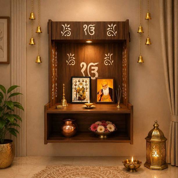 m.s enterprises modern wall mounted pooja mandir with backlight Ik Onkar Engineered Wood Home Temple