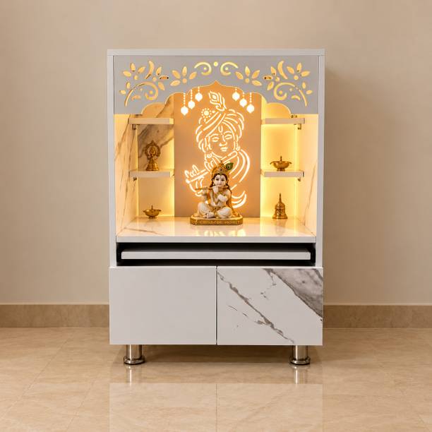 God Of Decor Taj Marble Wooden Pooja Mandir for Home/Office with LED Light, Cabinet, Shelves Engineered Wood Home Temple
