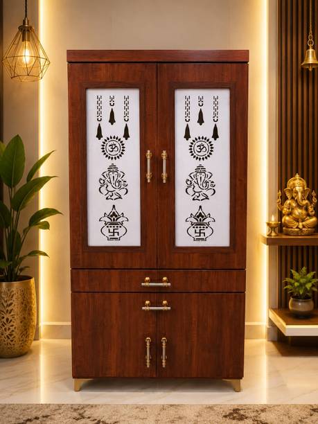 Devalya Premium White Marbles Finish Mandir with LED Light and Drawers Engineered Wood Home Temple