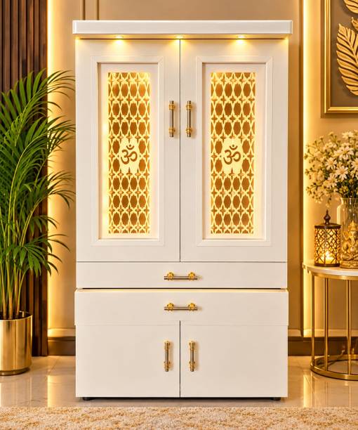 Devalya Wooden Home Temple with Auto Sensor Light, Drawers & Doors for Pooja Engineered Wood Home Temple