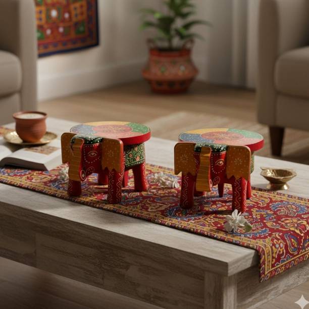 Bhavya ArtAndCraft Rajasthani Hand-Painted Wooden Elephant Stool for Living Room & Pooja Solid Wood Home Temple