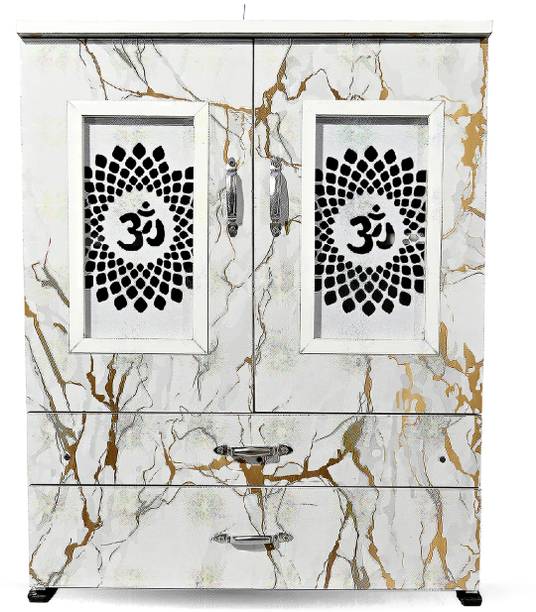 MARECARA WOODS “MARECARA Divine White Mandir – LED Light & Door | Marble Finish Engineered Wood Home Temple