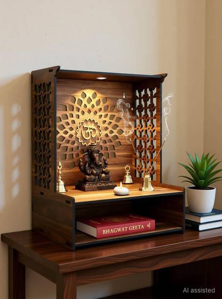 Gojeeva Engineered Wooden LED Temple Handcrafted Design Pooja Mandir for Home & Office Wooden Wall Shelf