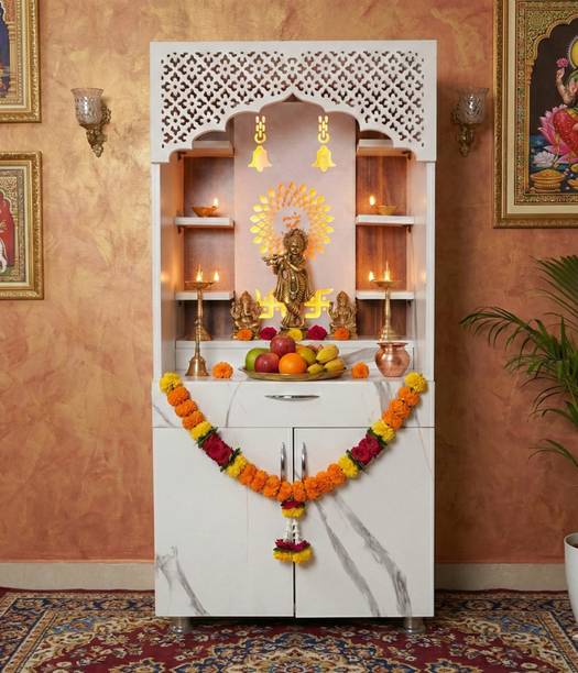 NITAYRA Home Temple Pooja Mandir with LED Backlight, Floor Standing Pooja Temple Engineered Wood Home Temple